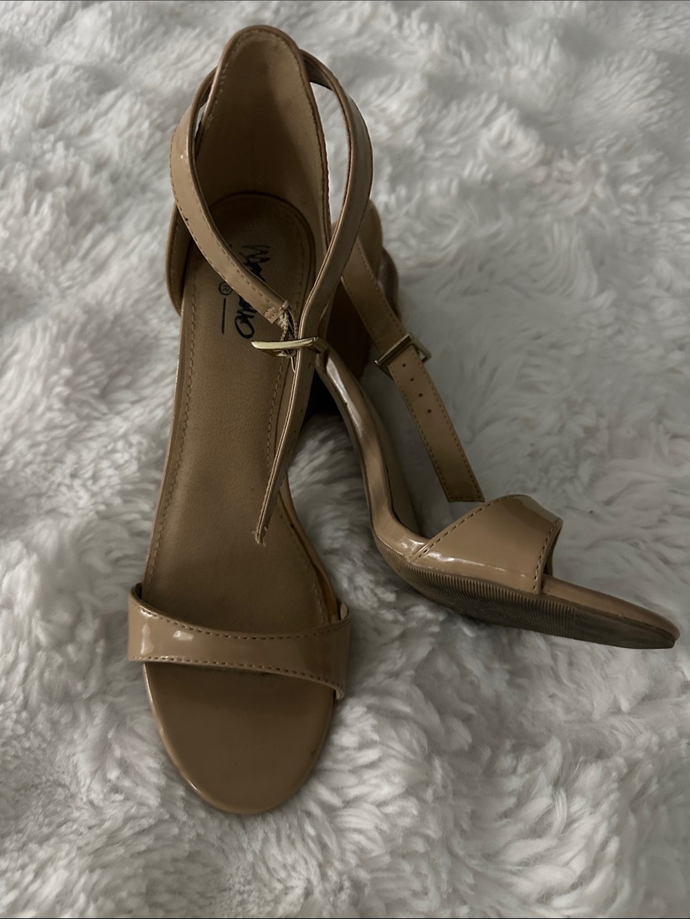 Patent Tan Open-Toe Ankle-Strap Heels
